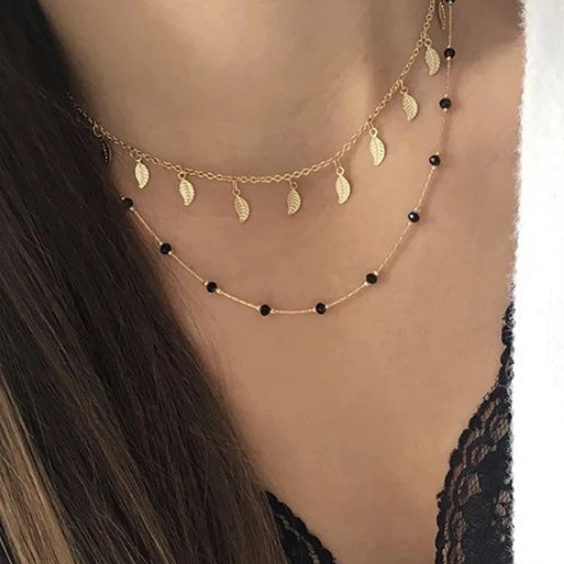 

Minimalist Gold Leaves Layer Black Beaded Fine Chain Neckalce Jewelry for Women