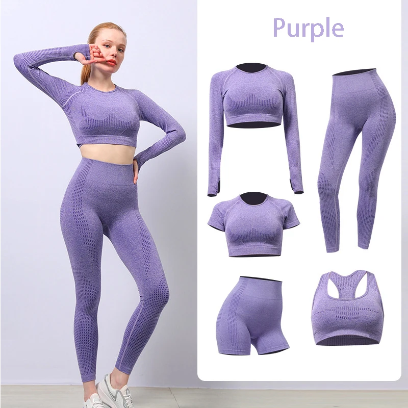 New Women Seamless Yoga Set Fitness Sports 5 Piece Gym Clothing Women Gym Yoga Set Workout Sets Yoga Top And Sportswear Suit