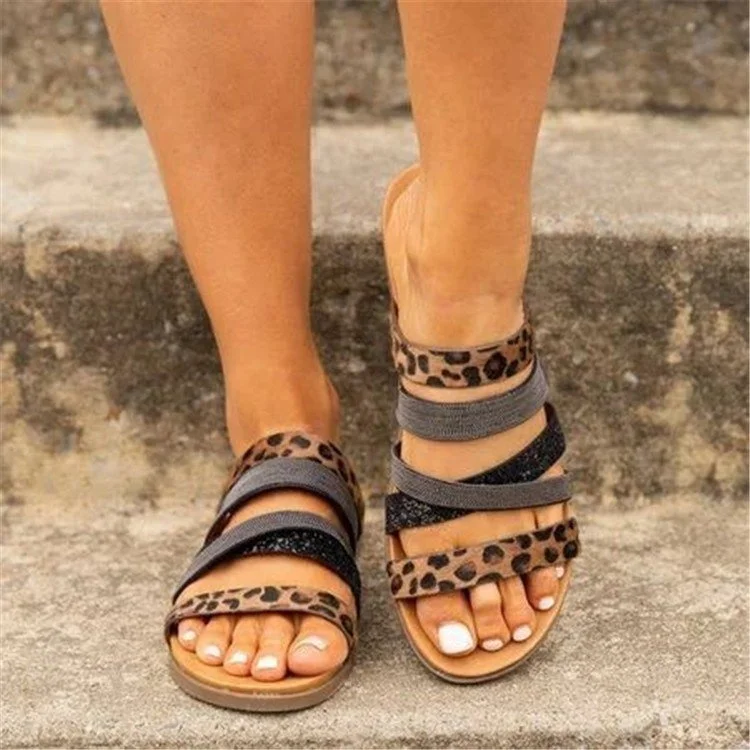 

2022 summer fashion new designs sandals leopard belt flat heels one word drag, Brown