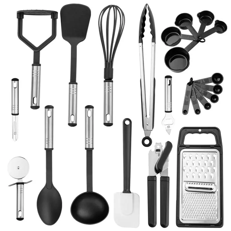 

silicone utensils set kitchen 23 pcs nylon set non stick spoon spatula BBQ tools bottle opener pizza cutter tools