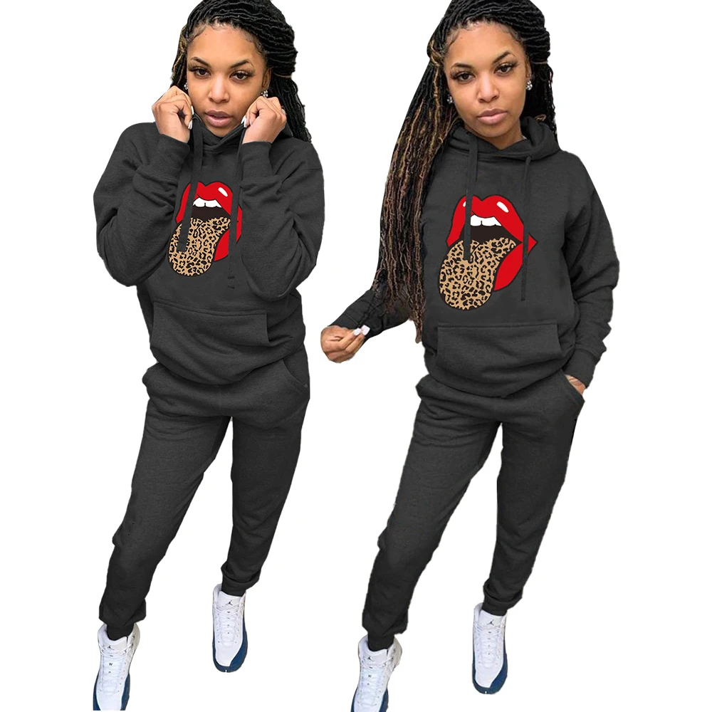 

Promotion lips print casual hooded collar two piece pants set women tracksuit