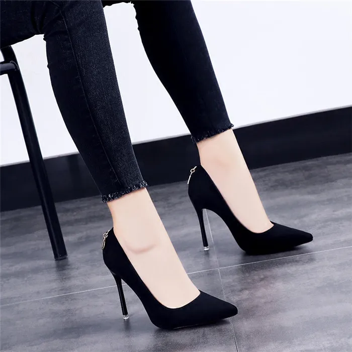 

High-quality high-quality high-heeled women's pointed high-heeled shoes with a thin heel D buckle black work shoes, Black d button (10cm), black d button (7cm)