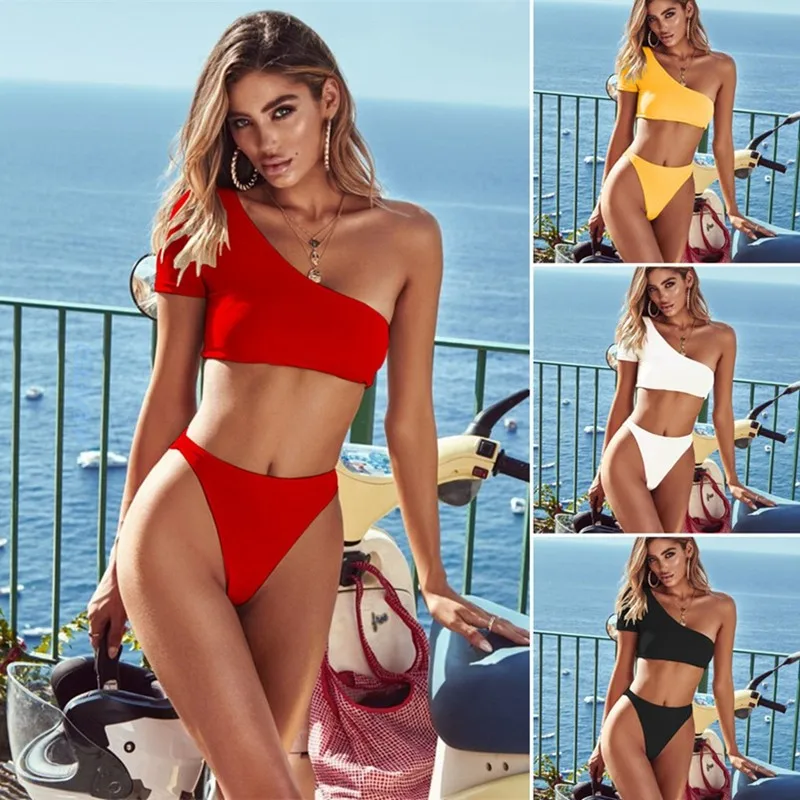 2019 New Swimwear One Shoulder Swimsuit High Waist Bikini Push Up Bathing Suit Women Beachwear Sexy Swim Suit