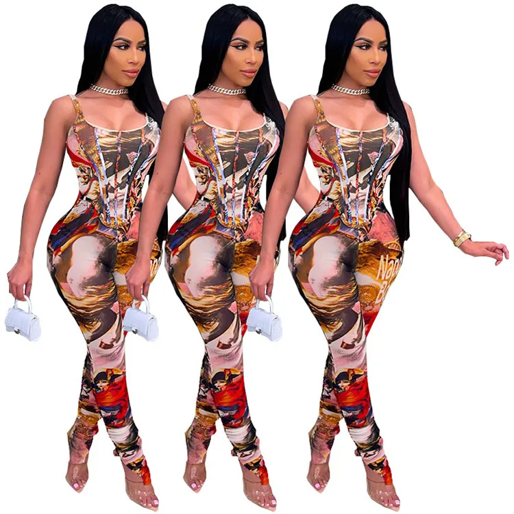 

New style fashion personality printed sleeveless suspenders jumpsuit slim fit bodycon women's jumpsuits