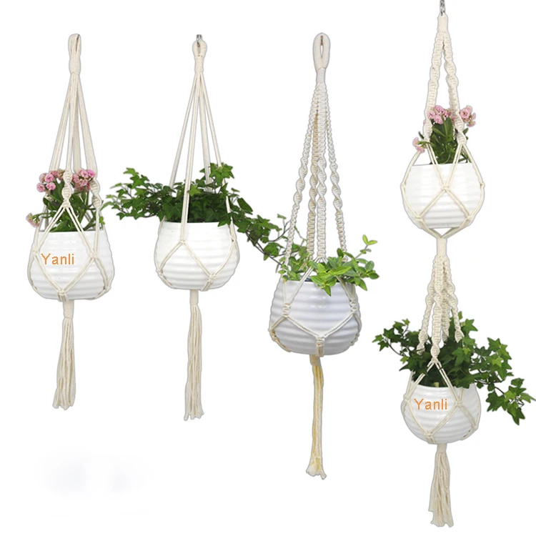 

Macrame Plant Hangers with 4 Hooks Indoor Outdoor Hanging Planters Set Hanging Plant Holder Stand Flower Pots Boho Home Decor, White