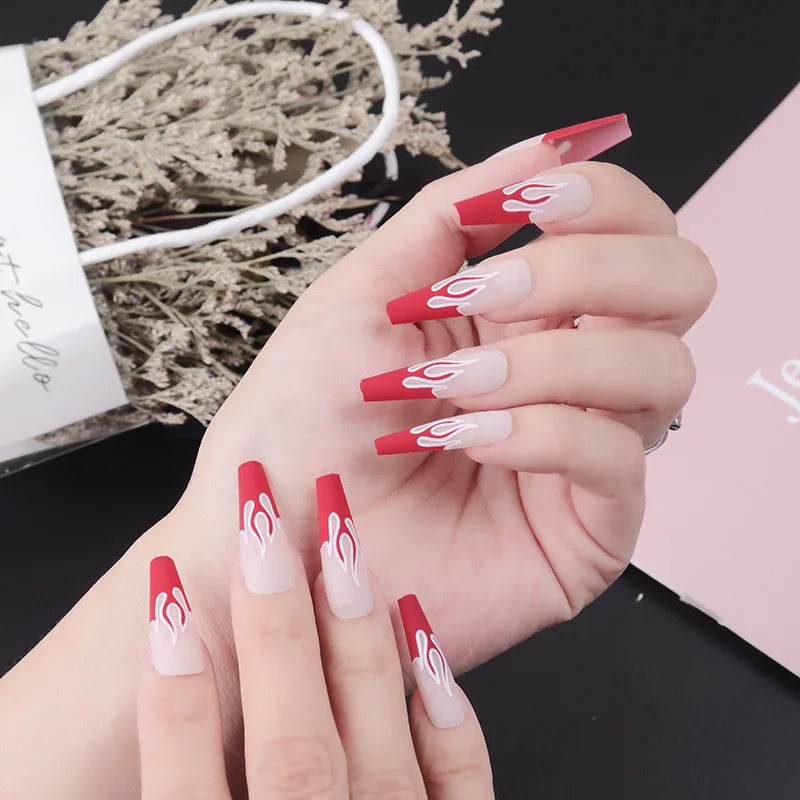 

2021 Hot Selling Red Matte False Nails Flame Print Long Ballet Nail Frosted Wearable Artificial Fingernails