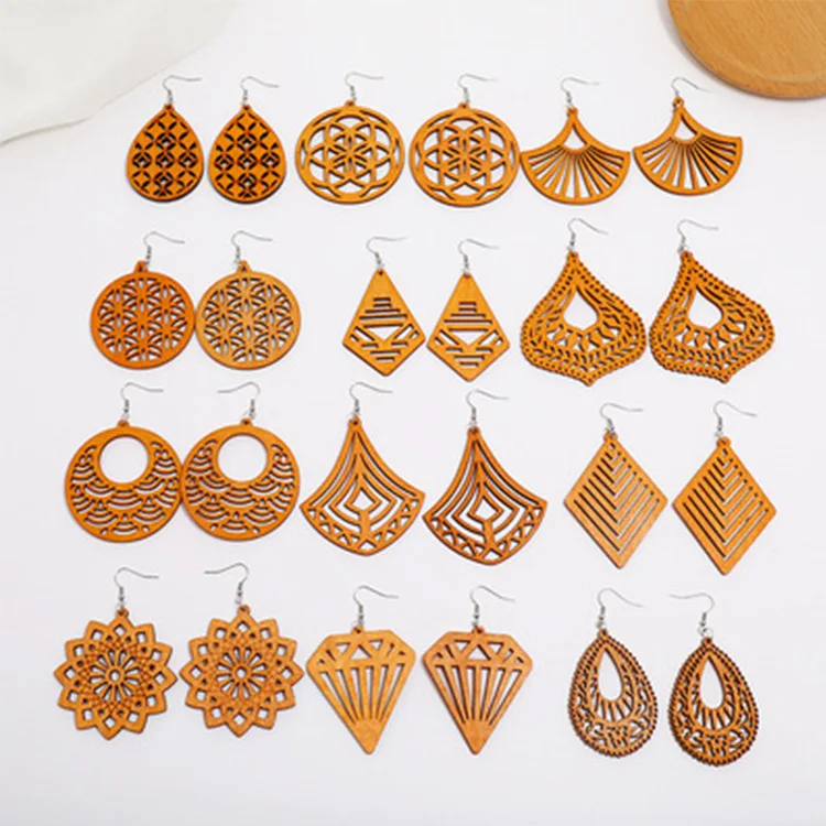 

Hot Sale Geometric Laser Cut Wood Earrings Vintage Jewelry Boho Hollow Brown Wooden Earrings For Women