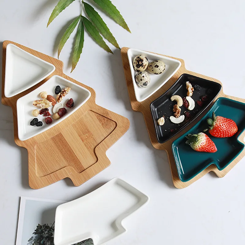 

Nordic creative ceramic bamboo wood Christmas tree home snack tray, Pink