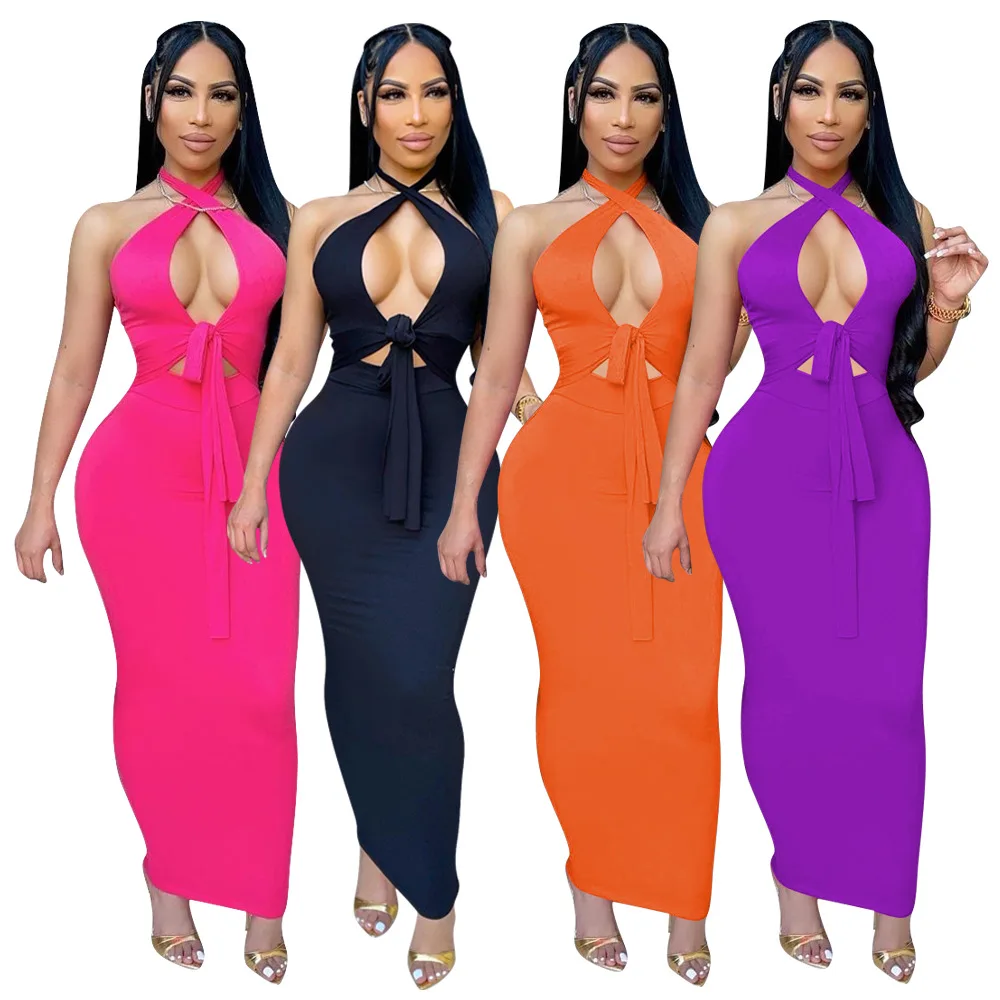 

YS-D8273 Halter women stripe chest wrap long dress bodycon backless cross dinner dresses, As picture shows or customized color