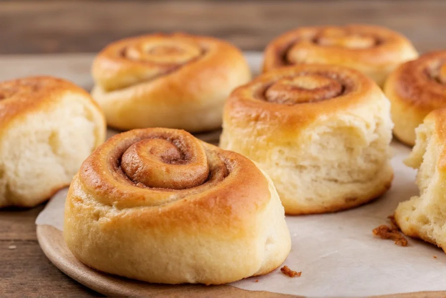 Properly spaced frozen cinnamon rolls on baking sheet before baking