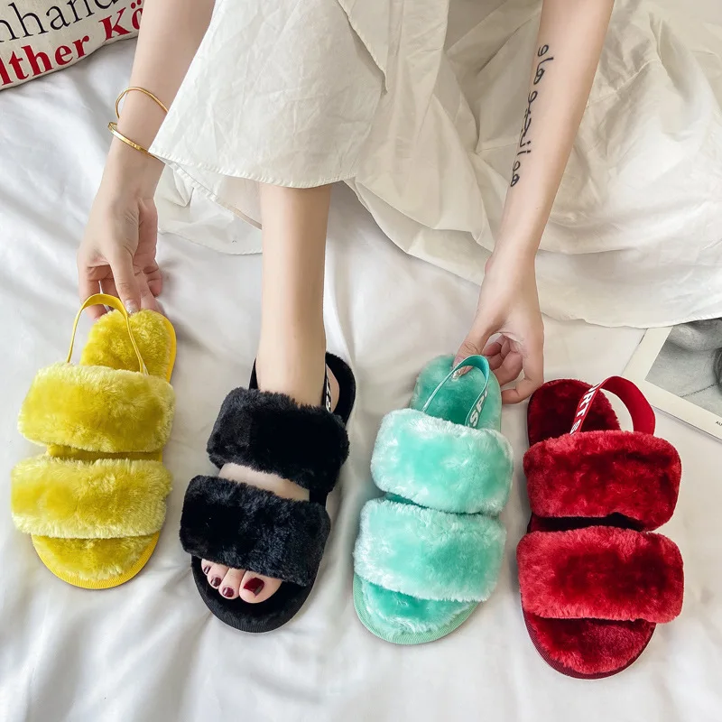 

Ladies Plush Fuzzy Home Wholesale Comfor non-slip Fur Shearling Slippers For Women