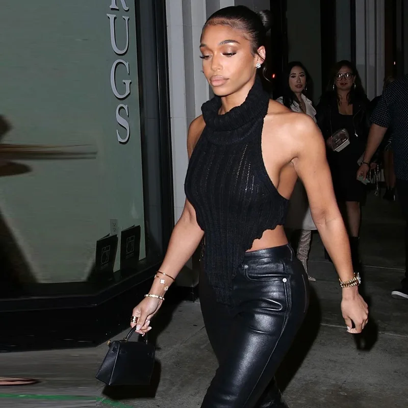 

Spring Ladies Turtleneck Sleeveless Backless Sexy Knitted Top Irregular Street Wear