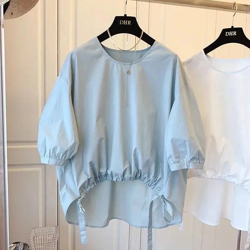 

Wholesale Casual Solid Color Fashion Women Tops Cotton Drawstring Korean Style Round Collar Summer New 2022 Women's Shirts