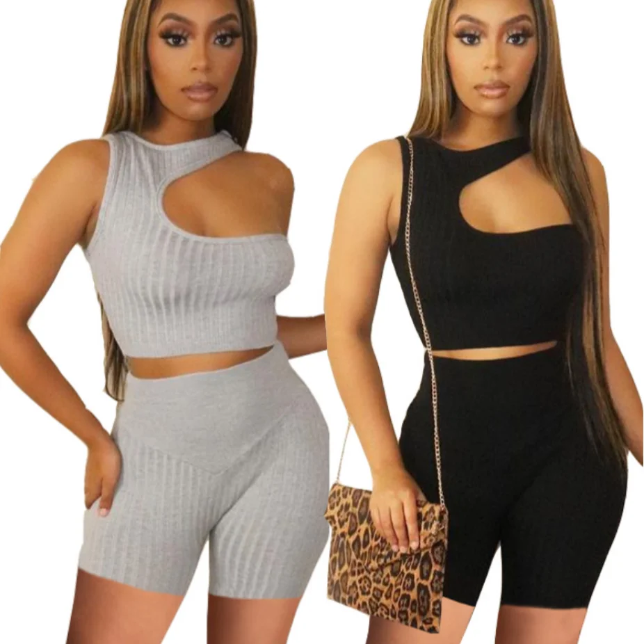 

women summer sets ladies and girls S-XXL one shoulder asymmetric strip two piece short set clothing, 2 different color