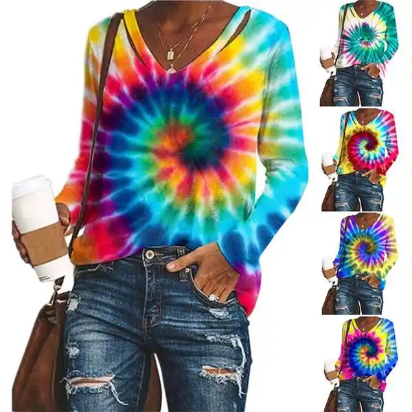 

women blouse printed v-neck tie-dye t-shirts long-sleeved loose top plus size women blouse