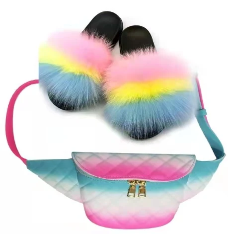 

Vendor wholesale fur slippers Sets Fur Slides And Matching Purse, Customized