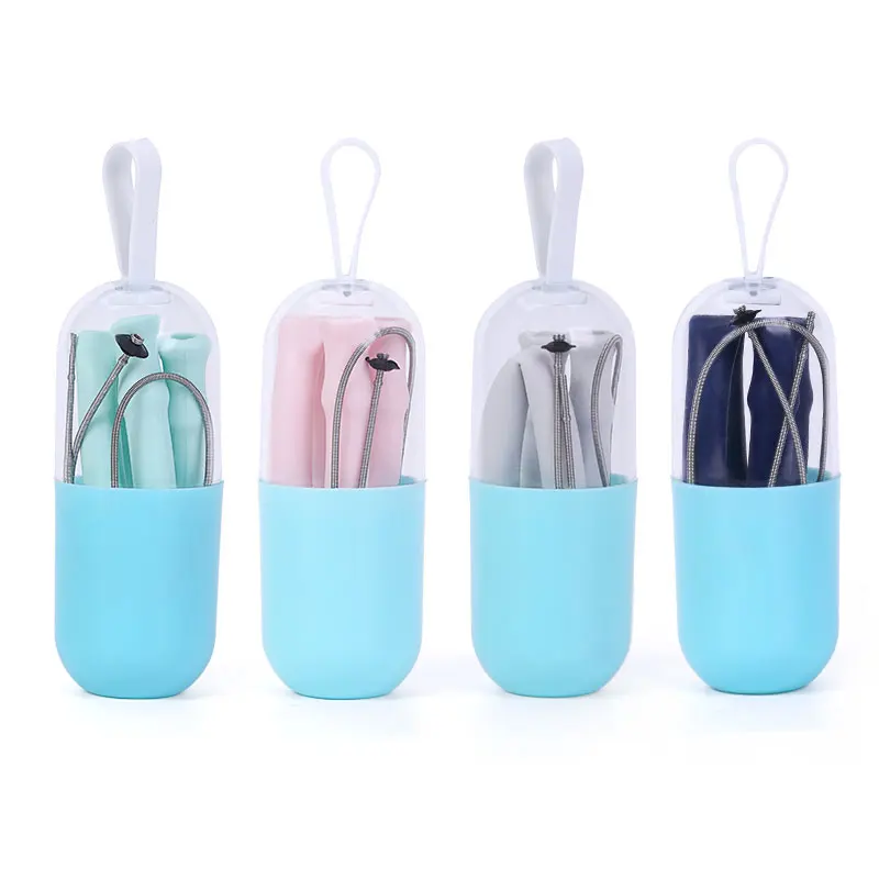 

Silicone Original Reusable Collapsible Folding Portable Customized Straw For Traveling With Portable Case and Cleaning Brush, Cyan;quartz pink;gray;deep sky blue