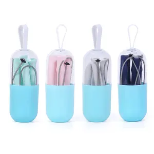 Image of Silicone Original Reusable Collapsible Folding Portable Customized Straw For Traveling With Portable Case and Cleaning Brush