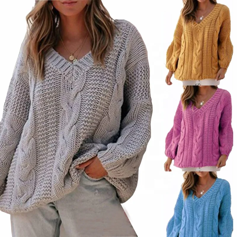 

2020 New Fashion Knitted Tops Twist Pattern Plus Size Sweaters Female Knitwear V-Neck Solid Color Soft Women's Sweater Pullover