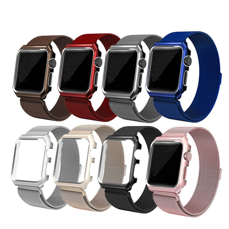 

BOORUI Milan stainless steel strap for apple watch metal band luxury strap for iwatch band with metal protective case, Black,brown,red,blue,pink,gray,vintage gold,sliver