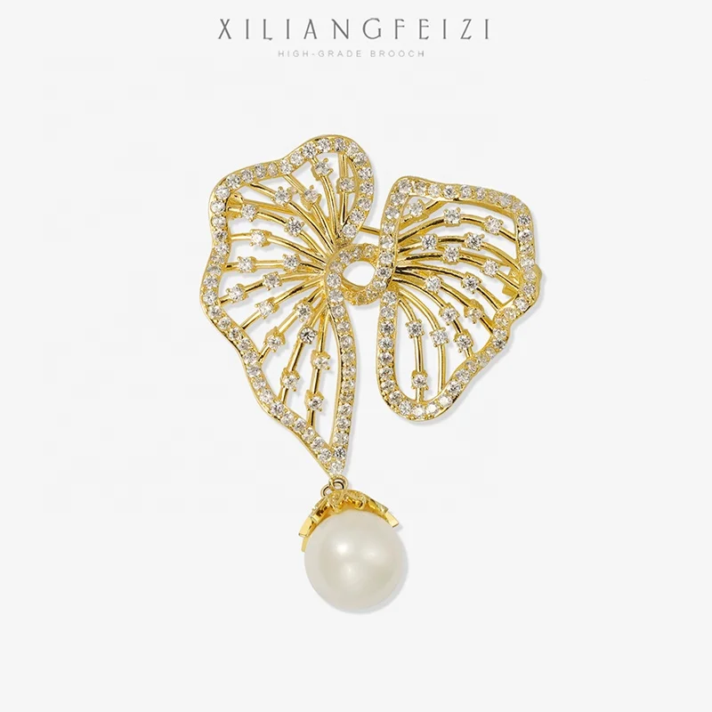 

XILIANGFEIZI Trendy Custom Vintage Zircon Pearl Crystal Jewelry Corsage Women Wedding Saree Large Pin Beautiful Flower Brooches, Gold