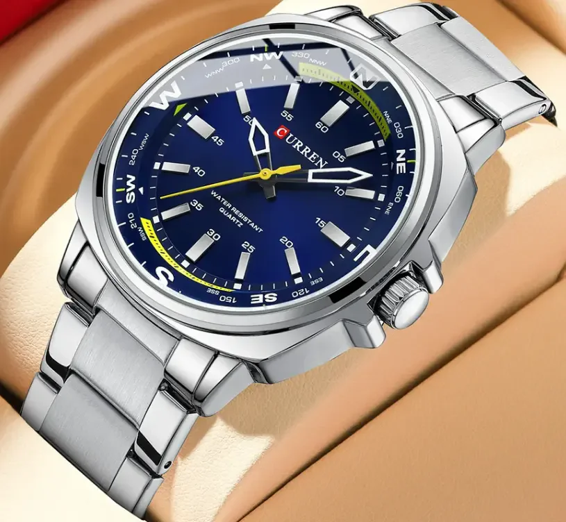 CURREN 8455 New Blue Sport Quartz Watch for Men Unique Design Simple Business Style Stainless Steel Case 22mm Band Pointer Dial