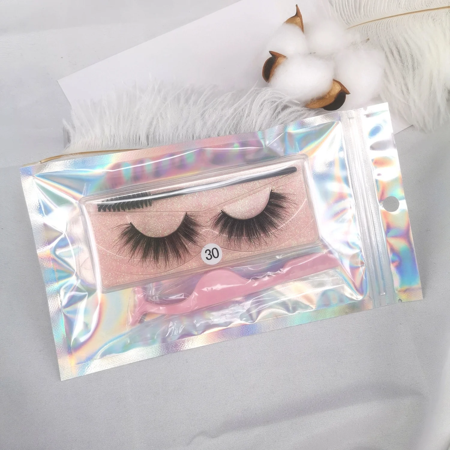 

Wholesale lashes 3D faux mink individuals eyelashes vendor holographic bag eyelash packaging with tweezers and cleanser brush, Natural black