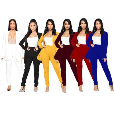 

F20827A in stock new women's fashion Fashionable solid color suit Long sleeved trousers for casual women set, White, yellow, black, burgundy, bright red, blue