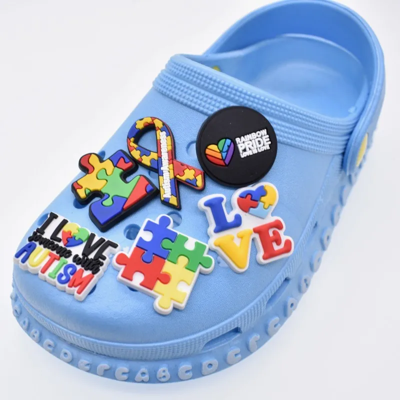 

Autism Awareness Puzzle Shoe Charms Fits for Clog Sandals Decoration with Wristband Bracelet for Kids Boy Girls, As pictures shown