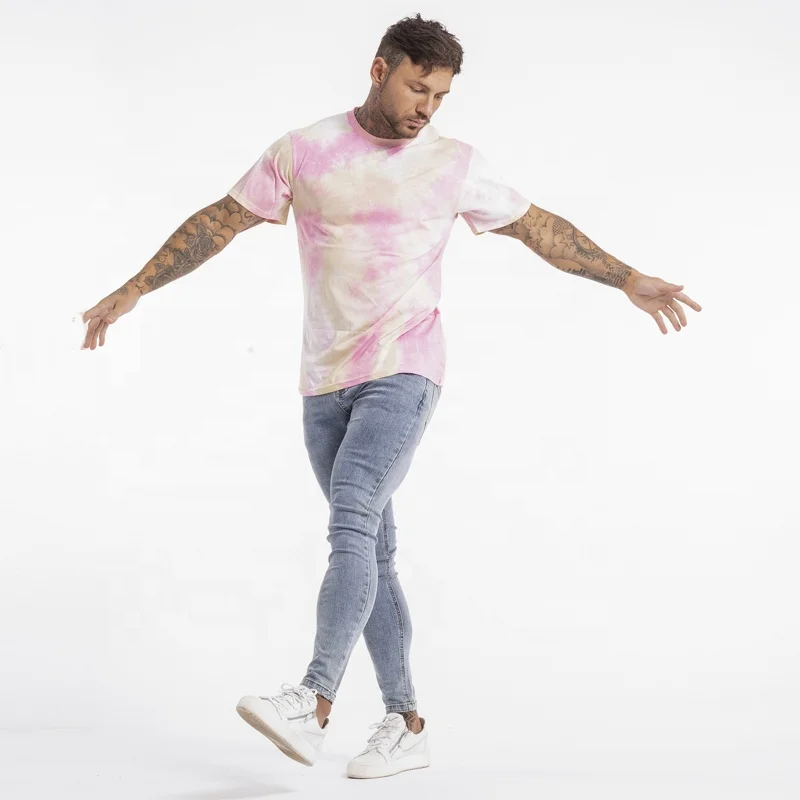 

2020 new fashion summer round neck tie dyed brand OEM services mens fitted t shirt, Pink or custom