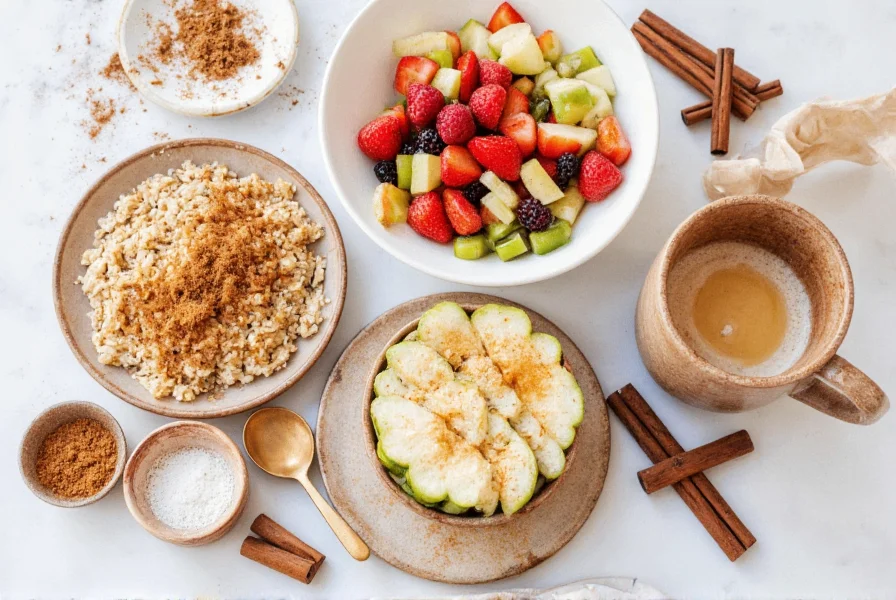 Various foods sprinkled with cinnamon including oatmeal, fruit salad, and coffee