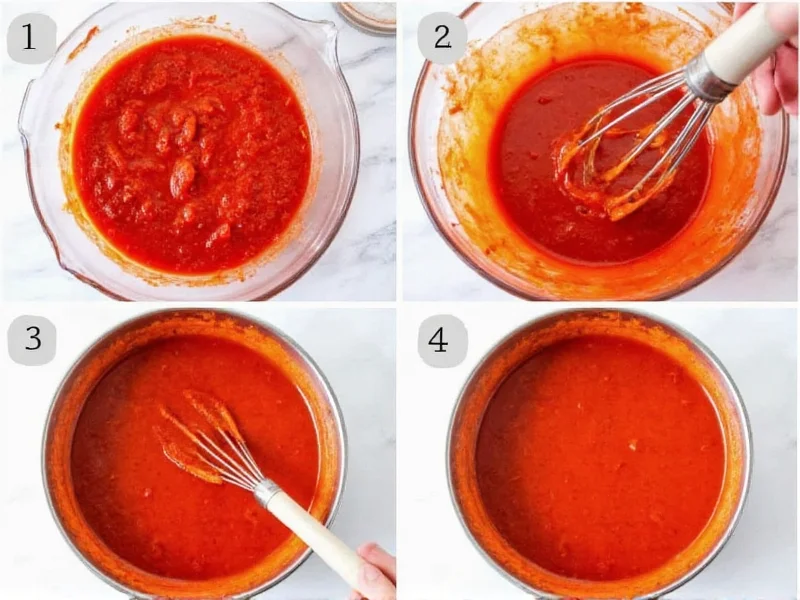 Step-by-step preparation of homemade pizza sauce in mixing bowl
