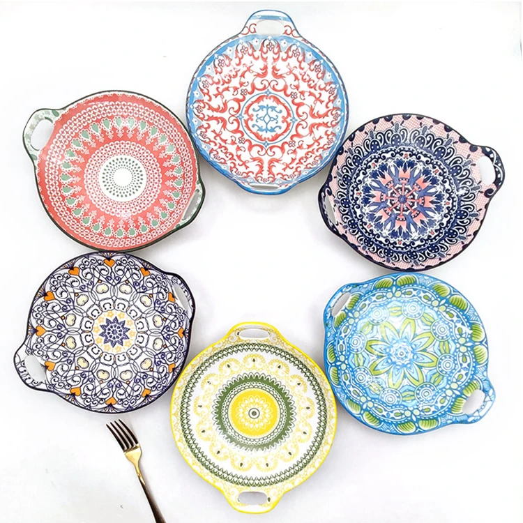 

Bohemian style popular padprinting ceramic round baking dish bakeware with double handles moroccan plate for kitchen homewares, Color