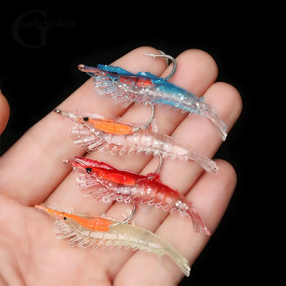 

Luminous Shrimp Fak Baits Soft Simulation Prawn Lure Fishy Smell Artificial Trout Bait with Single Hook Sea Fishing Tools, 4 color