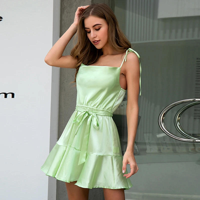 

Dropship Shein Camisole Drape Neck Ruched Detail Knotted Layered Skater Dress, Green
