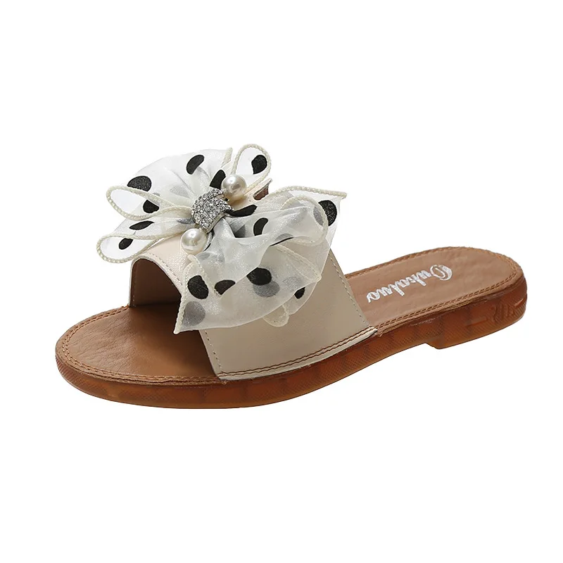 

2022 New Arrival Dropshipping Summer Fashion Ladies Slippers Open Toe Bowknot Pleated Pearl Rhinestones Women Beach Slippers