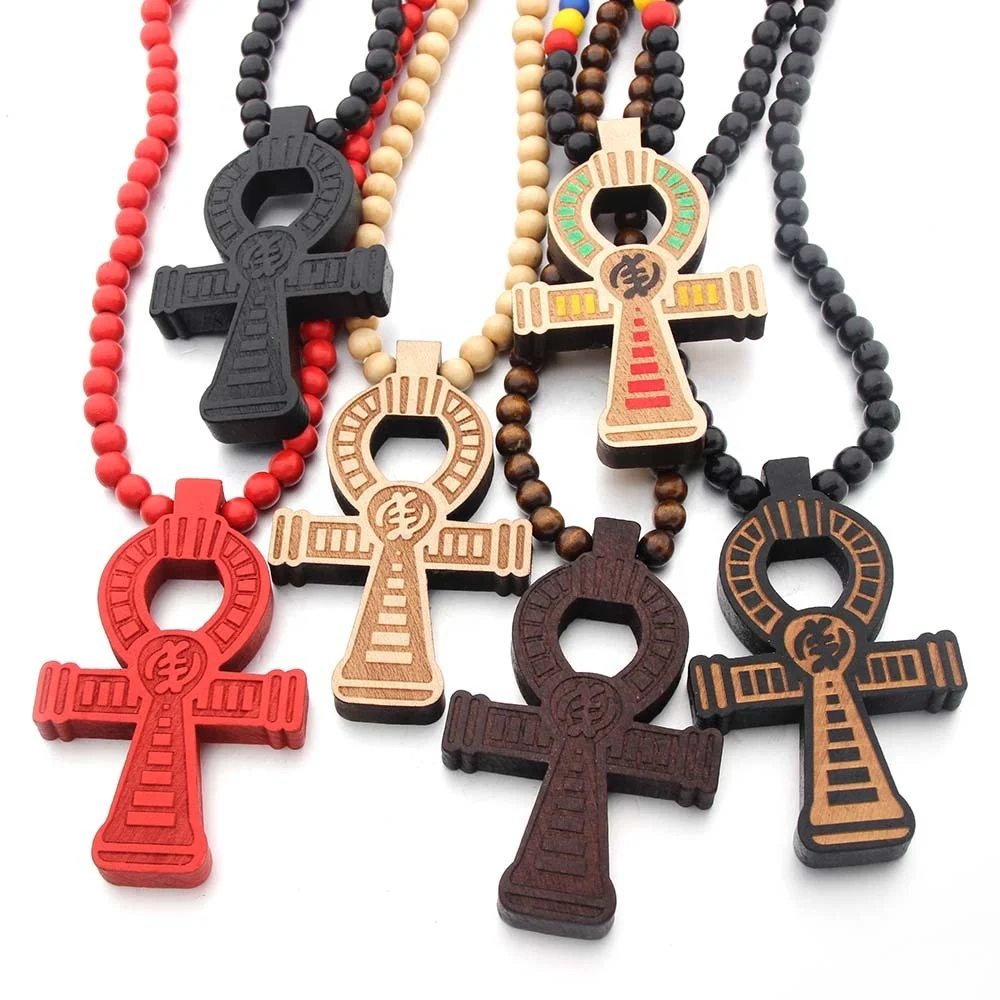 

Mens Hiphop Egyptian Jewelry Necklace 8mm Wood Bead Chain Ankh Cross Necklace, 6 colors
