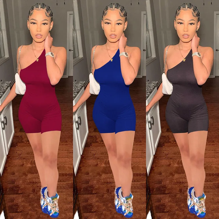 

2021 Women Sexy Jumpsuits And Rompers Bodycon Solid Color One Shoulder Irregular Short One Piece Jumpsuits, Picture