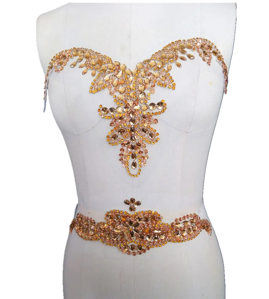 

Pure hand sewing red blue nail-bead neckline belt applique bridal dress design material accessories