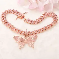 

women bling diamond butterfly cuban link necklace pink cz tennis chocker