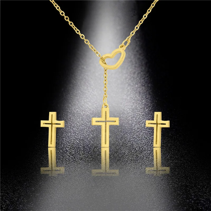

European Hip Hops Religious Christion Cross Pendant Necklace Earrings Set Gold Plated Cross Stainless Steel Necklace Jewelry Set, As picture show