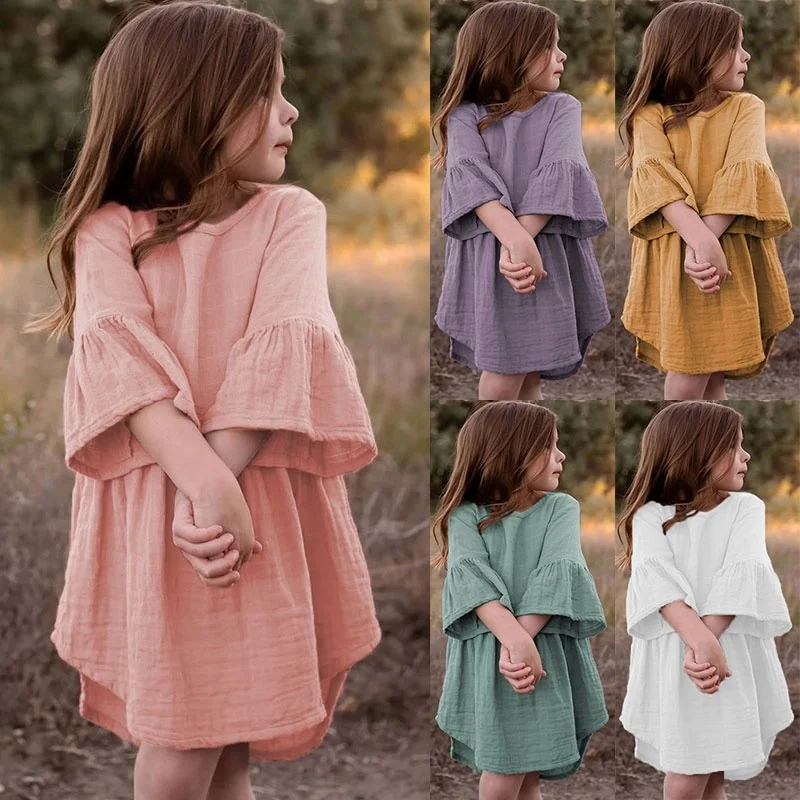 

2021 Summer cotton dress solid color muslin short sleeve baby clothes