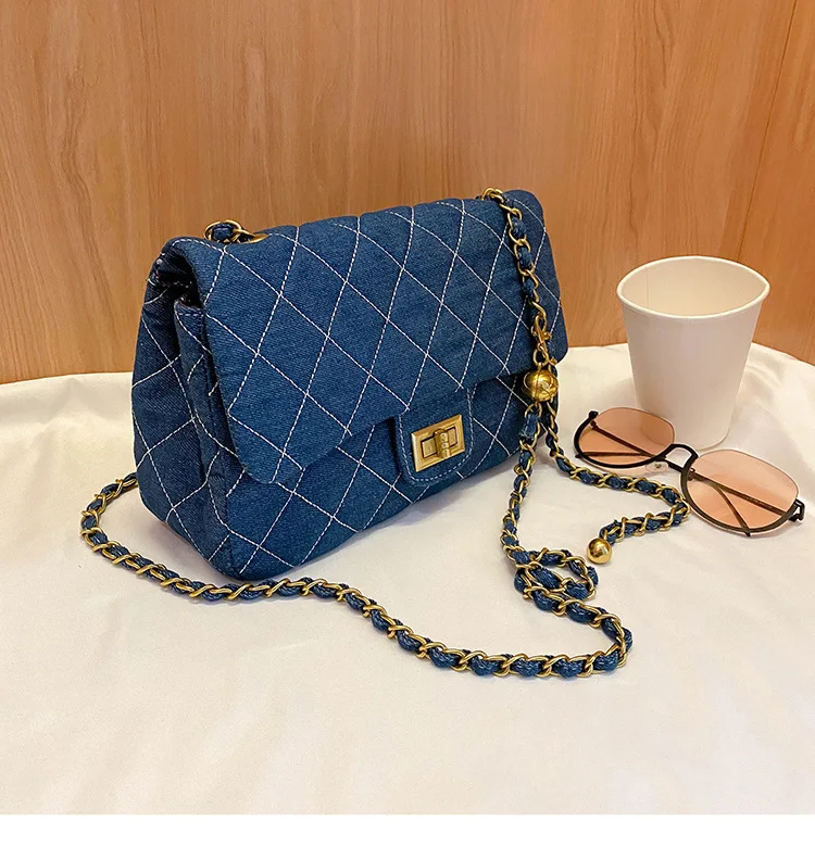 

2020 hot sell women purses and handbags denim shoulder bag diamond chain crossbody bag
