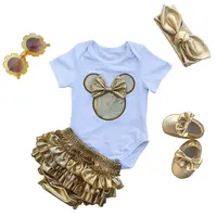 

Cotton baby clothes short sleeve white romper& gold ruffle shorts set for baby girl