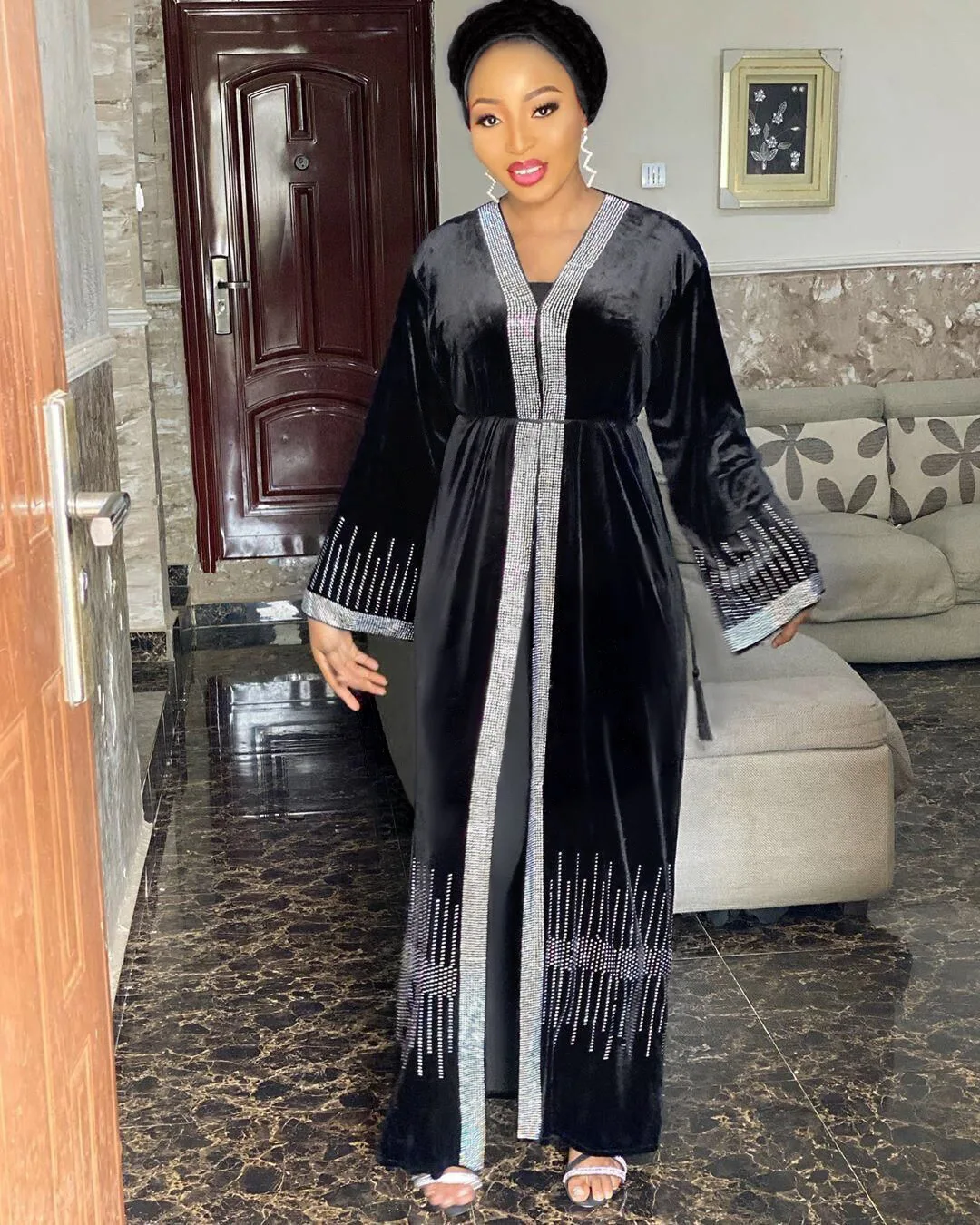 

Muslim cardigan robes with a headscarf elegant long sleeve evening dresses