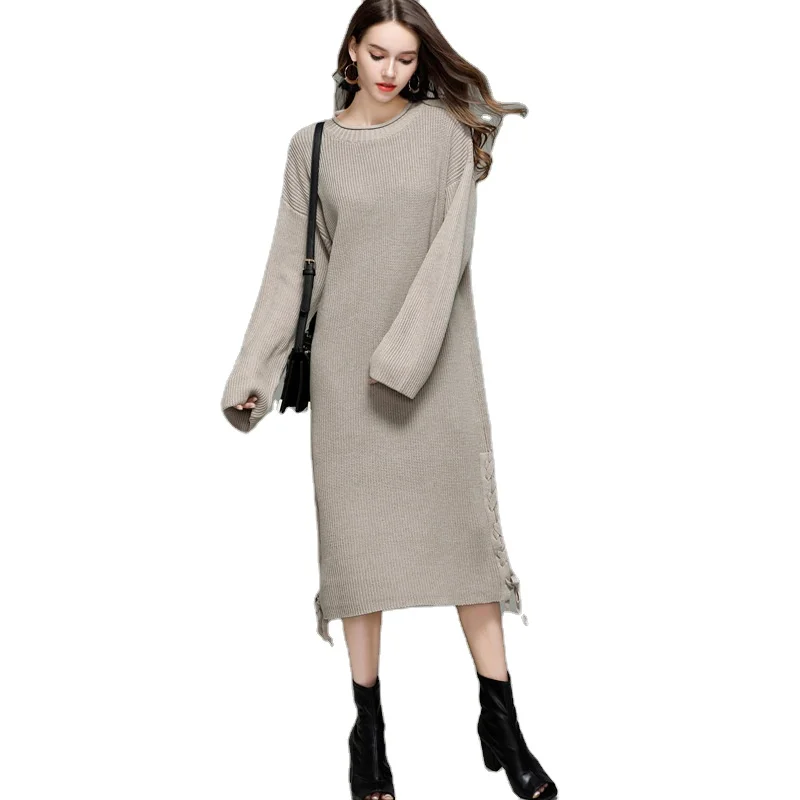 

autumn and winter 2020 new loose knit dress long sweater women's long sleeve knitted dresses, Black, light blue, beige
