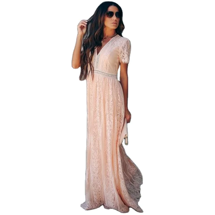 

wholesale Summer Vintage women casual V-neck Floral lace bridesmaid party Maxi Standard boho prom dress, White