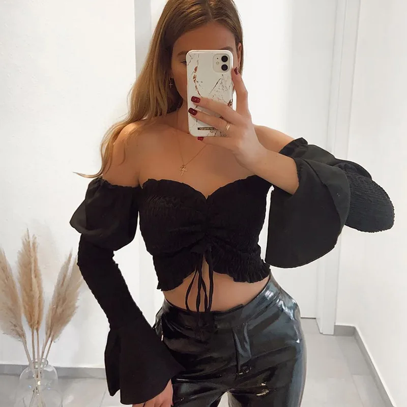 

Summer Drawstring Shirt Long-sleeved Lace Sexy One-shoulder New Product Crop Top Women, Picture color