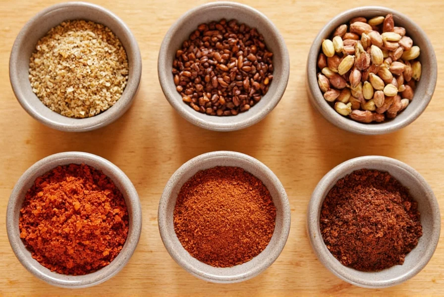 Close-up comparison of chili flakes and five common substitutes arranged in small bowls on wooden table