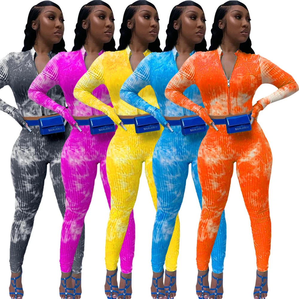 

YH5181 2 piece set women long sleeve fashion slim tie dye zipper stand casual two piece set